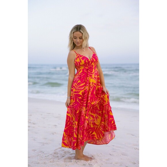 Dress Forum LA Palm Print Tiered Dress Orange + Pink Adjustable Straps Medium - Picture 7 of 10